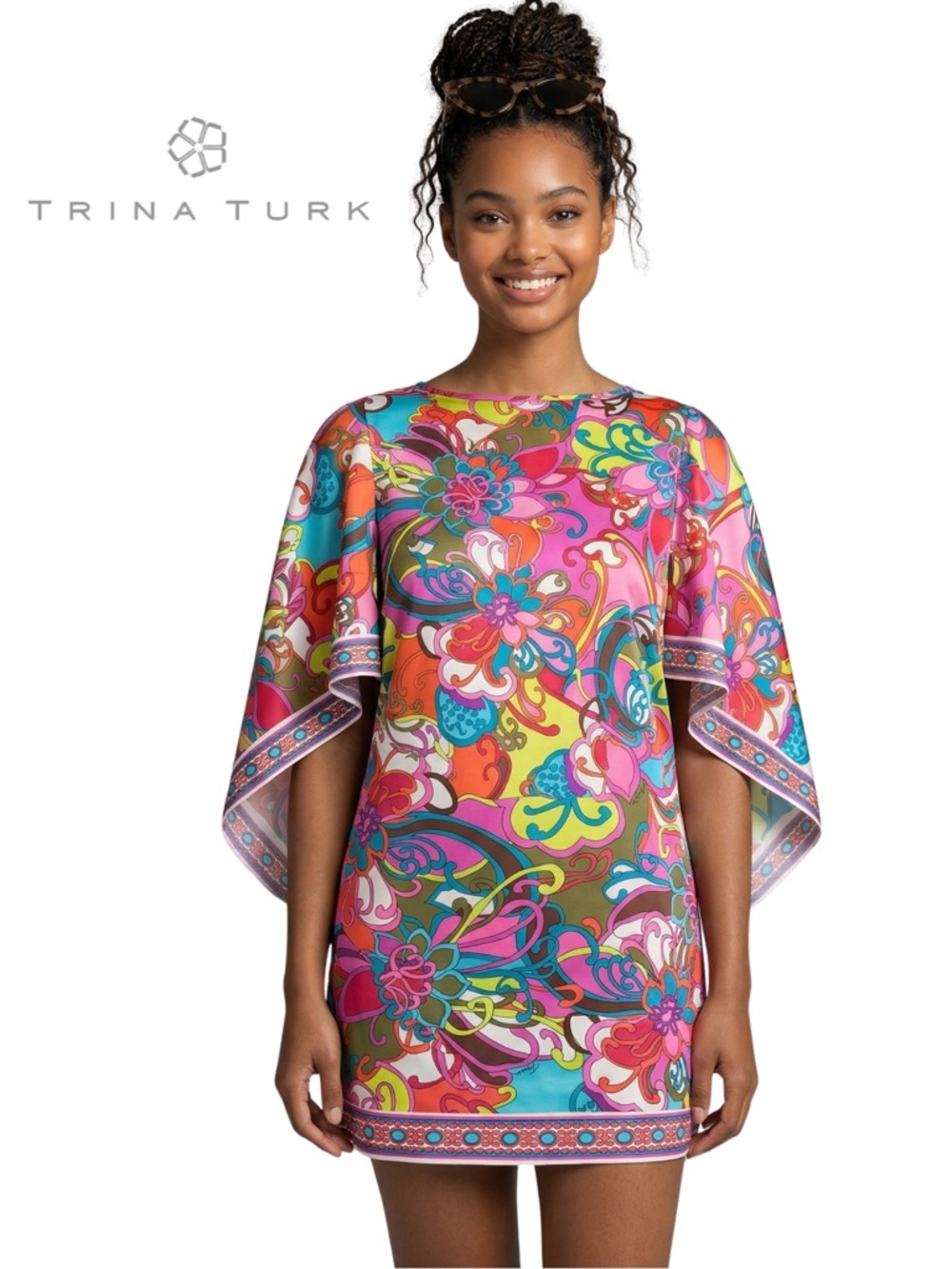 TRINA TURK new Fiji Floral Cape-Sleeve Tunic Dress - Picture 4 of 16